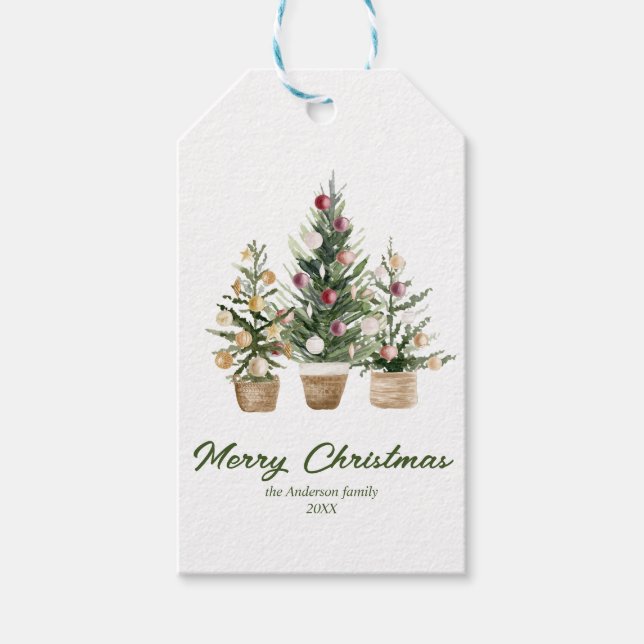 Röda prydnadsämnen i vattenfärgen Träd God jul Presentetikett (Framsidan)