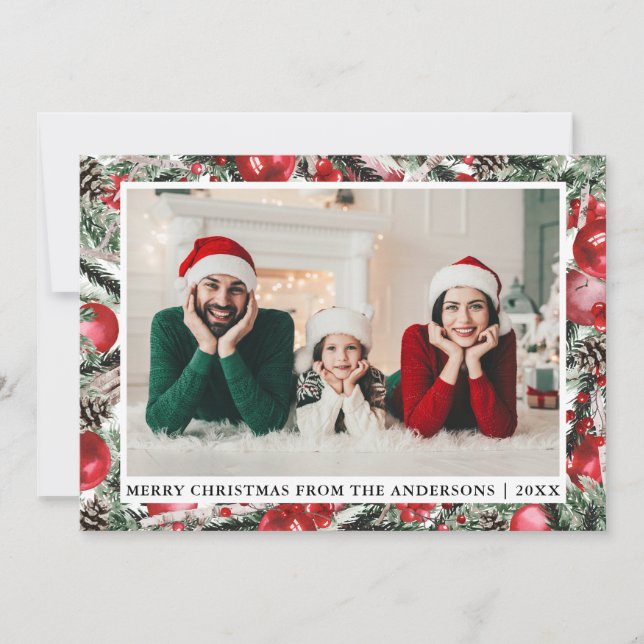 Röda prydnadsföremål i vattenfärgen Gräs Foto jul Julkort (Framsida)