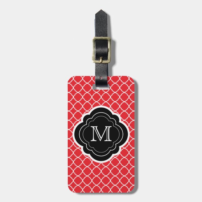 Röda Quatrefoil med den svart monogramen Bagagebricka (Vertikal Framsida)
