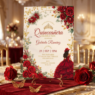 Röda Quinceañera Gyllene Fjärilar Rosor Inbjudningar