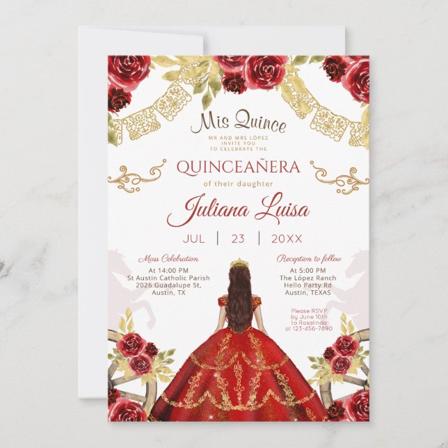 Röda Quinceañera Mexikansk Guld Quince Häst Inbjudningar (Framsida)