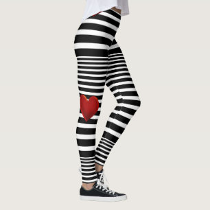 Röda randar för hjärtasvartvit leggings