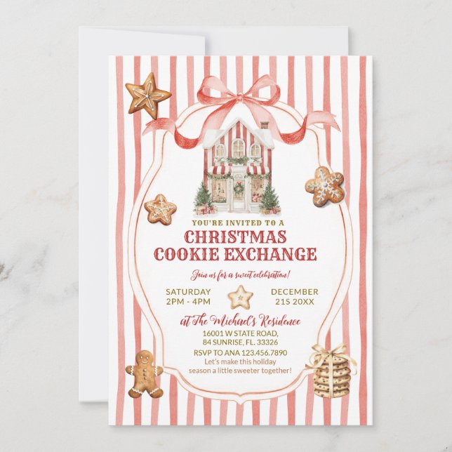 Röda ränder Bow Gingerbread House Cookies Utbyte Inbjudningar (Framsida)