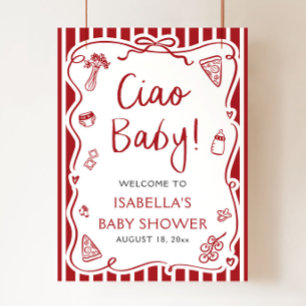 Röda Ränder Italienska Ciao Baby Babyfirande Välko Poster