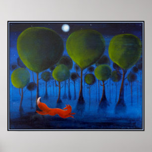 Röda räv med träd på natten. poster