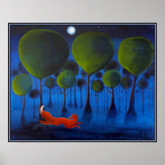 Röda räv med träd på natten. poster