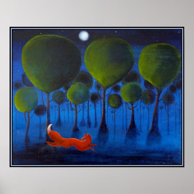 Röda räv med träd på natten. poster (Framsidan)