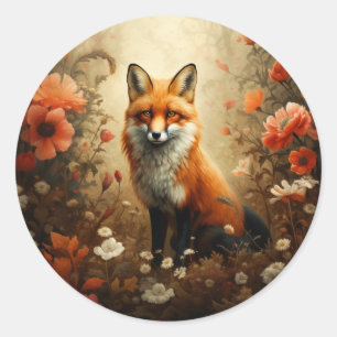 Röda rävar med vild blommor. runt klistermärke