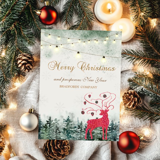 Röda renar,Skog,String Ljus Helgdag Helgkort (Skapare uppladdad)