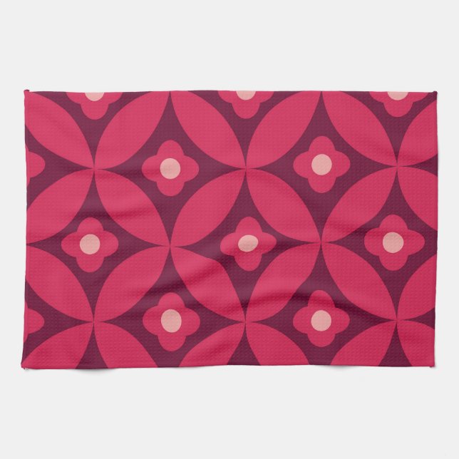 Röda Retroblommor på Mid Century Cirklar Mönster  Kökshandduk (Horisontell)