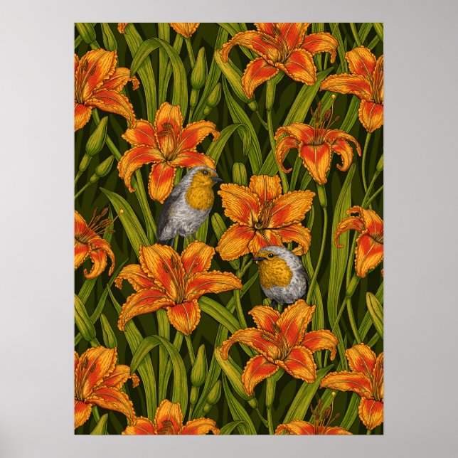 Röda rödhakor och liljor, orange och mörkgrön poster (Framsidan)