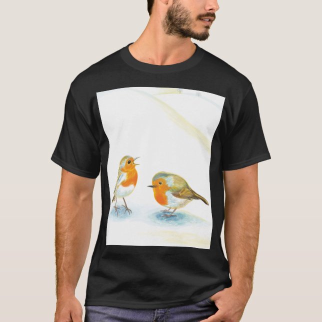 Röda rödhakor på vintern  t shirt (Framsida)