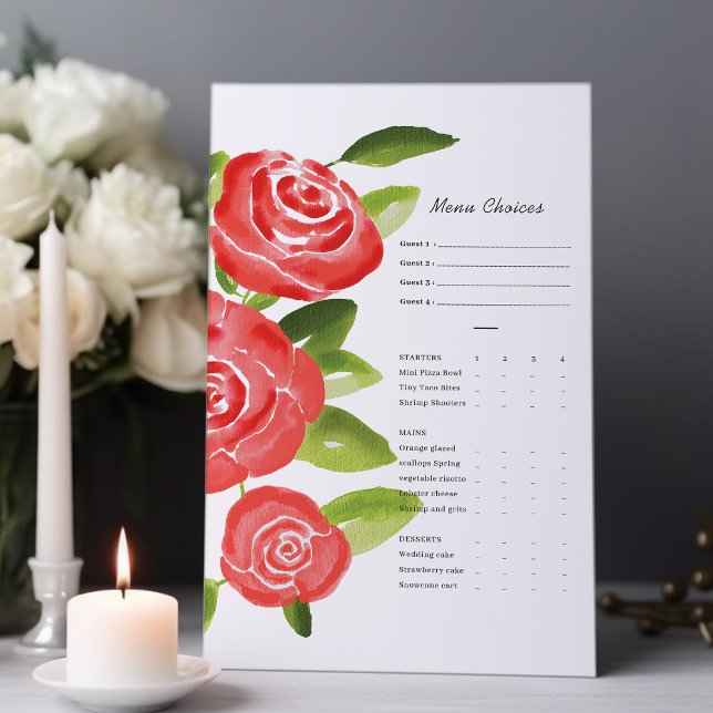 Röda Ros Blommiga Måltidsvalskort Meny (Skapare uppladdad)