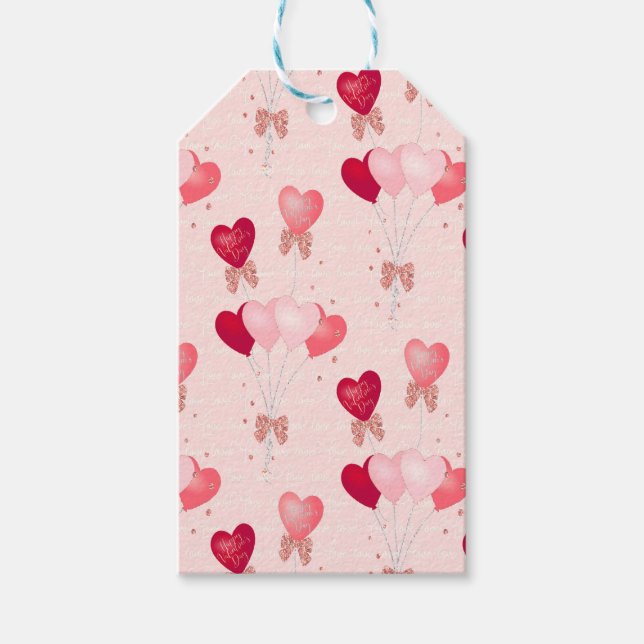 Röda, rosa ballonger, Glad Alla Hjärtans Dag manus Presentetikett (Framsidan)