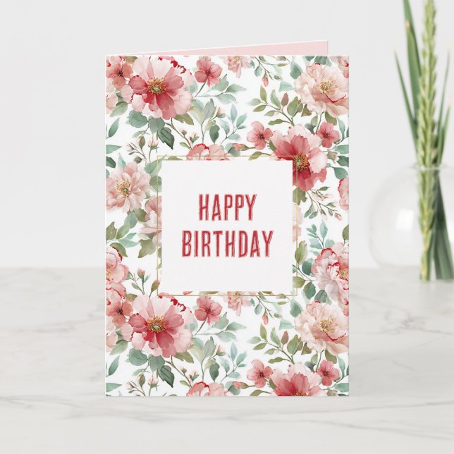 Röda Rosa Blommor Födelsedag Kort (Framsida)