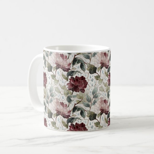Röda Rosa Blommor Regndroppar Kaffemugg (Framsida vänster)