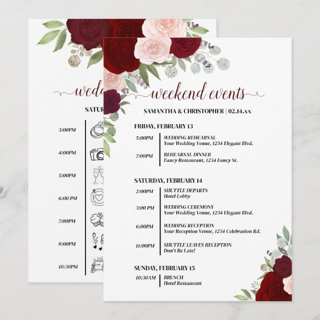 Röda & Rosa Boho Rosor Bröllopshändelser & Tidslin Program (Fram/baksida)