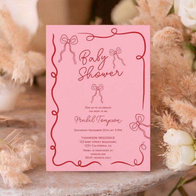 Röda rosa bows illustrationer på menyfliksområdet  inbjudningar (Red pink bows ribbon illustrations Baby shower Invitation)