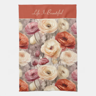 Röda Rosa Crème Ranunculus Blommor Kökshandduk