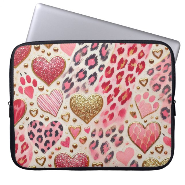 RÖDA ROSA GULD VALENTINEHJÄRTAN & LEOPARD TRYCK LAPTOP FODRAL (Framsidan)