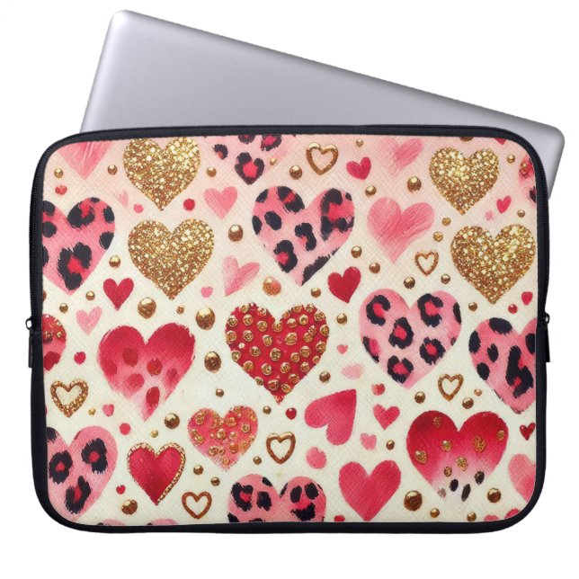 RÖDA ROSA GULD VALENTINEHJÄRTAN & LEOPARD TRYCK LAPTOP FODRAL (Framsidan)