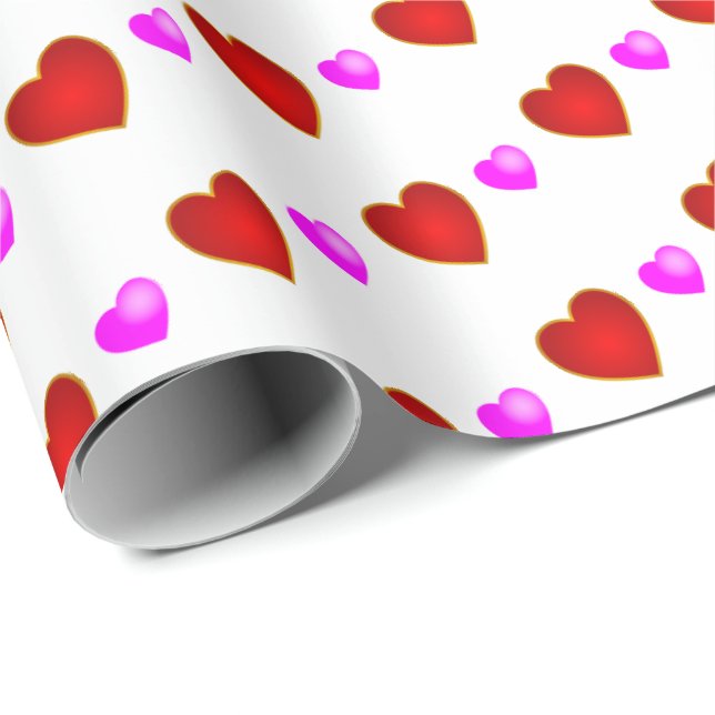 Röda rosa hjärtan på VIT Presentpapper (Rullad Hörn)