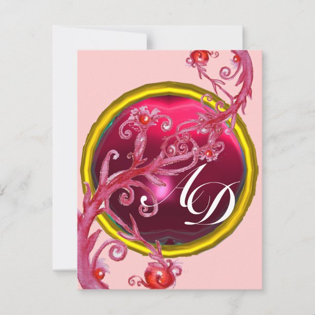 RÖDA ROSA MAGISKA BÄR,RUBIN ÄDELSTEN  MONOGRAM INBJUDNINGAR (Framsida)