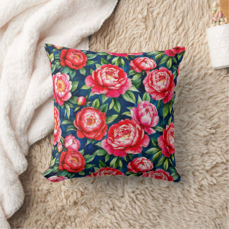 Röda rosa peonior & gröna blad Blått mönster Kudde