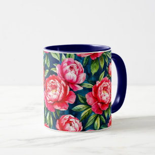 Röda rosa peonior & gröna blad Blått mönster Mugg