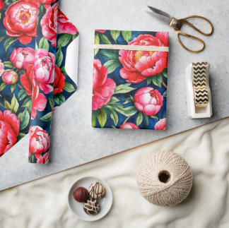 Röda rosa peonior & gröna blad Blått mönster Presentpapper