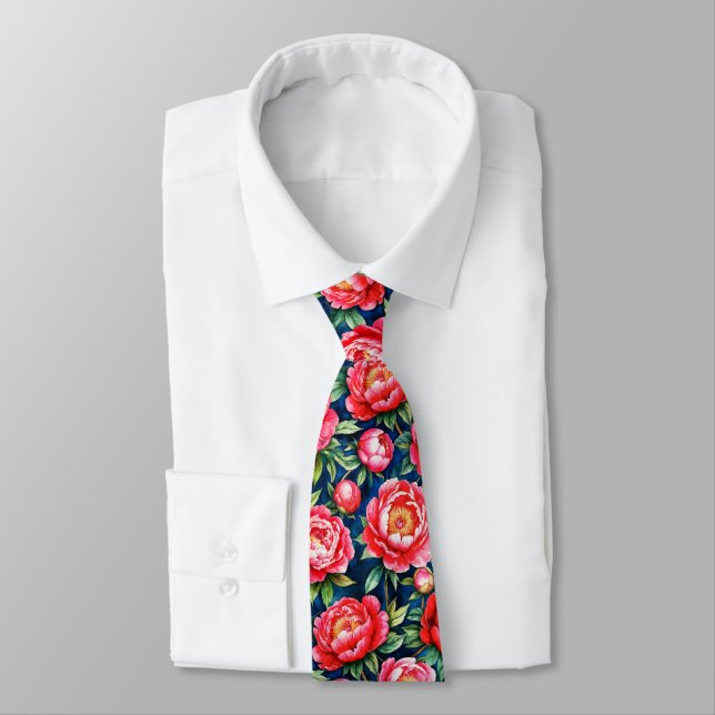 Röda rosa peonior & gröna blad Blått mönster Slips (Bunden)