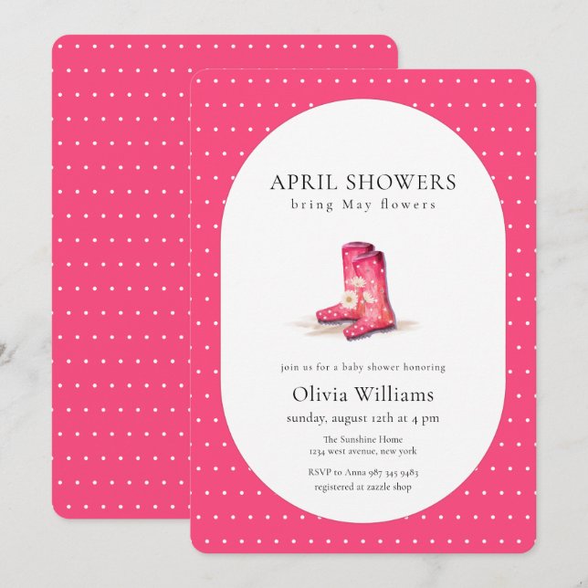 Röda Rosa Prickiga Blomma Regnstövlar Baby Shower Inbjudningar (Fram/baksida)