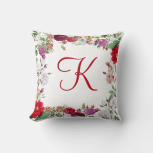 Röda Rosa Purpur Gröna Blommor Blommig Monogram Kudde