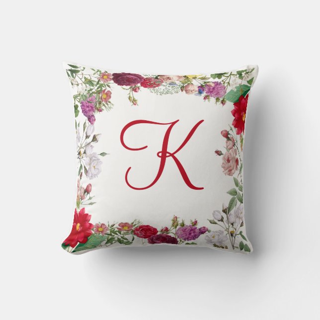 Röda Rosa Purpur Gröna Blommor Blommig Monogram Kudde (Framsida)