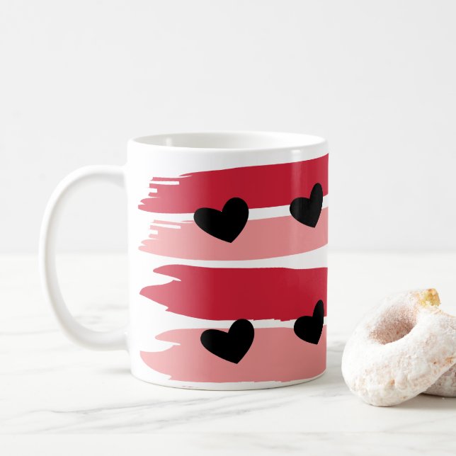 Röda Rosa Randiga Mönster Svarta Hjärtan  Kaffemugg (Med munk)
