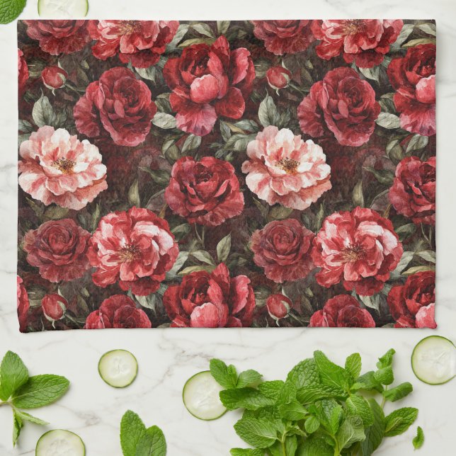 Röda Rosa Rosblommor   Kökshandduk (Vikta)
