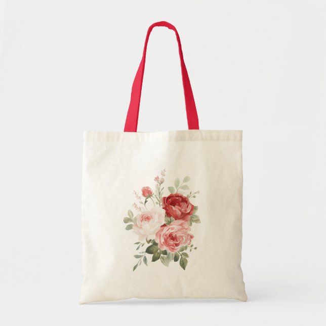 Röda Rosa Rosor Blommig Tygkasse (Framsidan)