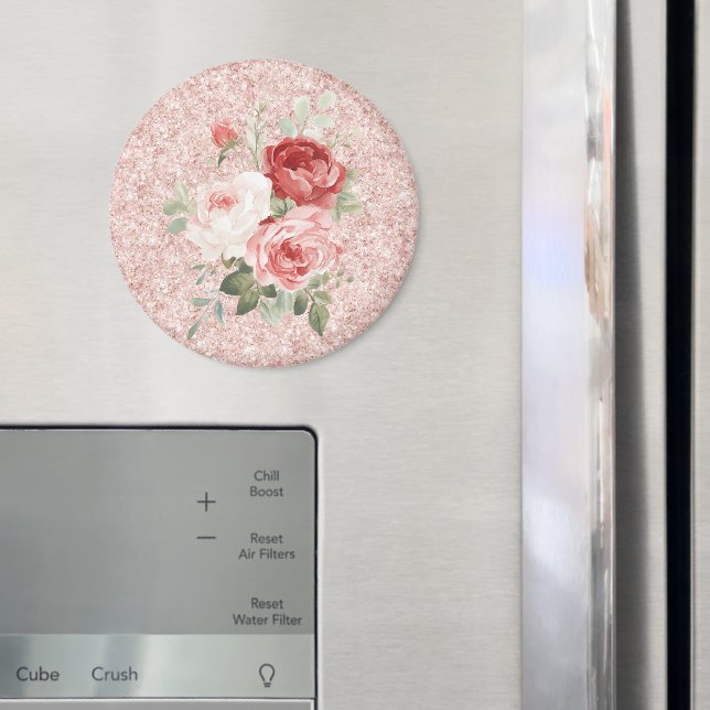 Röda Rosa Rosor Blommigt Glitter Magnet (In Situ (Fridge))