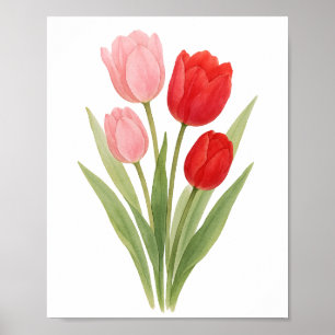 Röda Rosa Vackra Tulpaner Målning Blommig Väggkons Poster