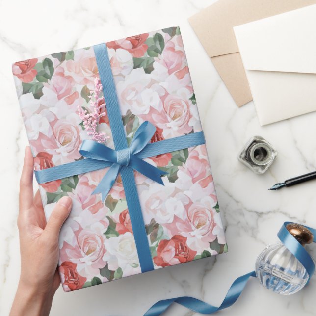 Röda Rosa Vita Rosor Blommig Bröllopsfest Presentpapper (Gifting)