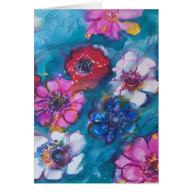 RÖDA ROSA VITFÄRGKOLFLÖDEN I BLÅ HÄLSNINGSKORT (Framsidan)