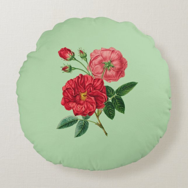 Röda Rosblommor Rund Kudde (Framsidan)