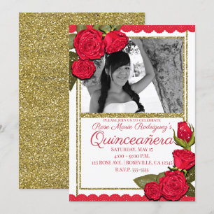 Röda Roser Guld Glitter Quinceañera Födelsedagsfes Inbjudningar