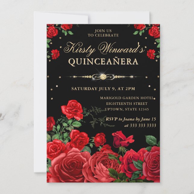 Röda Roser Kant Blommig Quinceanera Inbjudningar (Framsida)