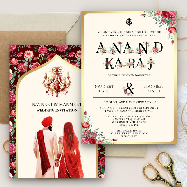 Röda Roser Typografi Anand Karaj Sikh Bröllop Inbjudningar (Skapare uppladdad)