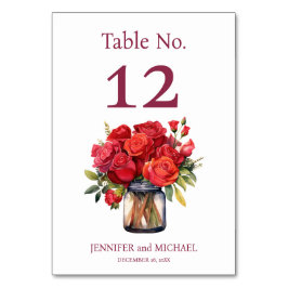 Röda Roser Vattenfärg Bröllops Bordnummer Bordsnummer