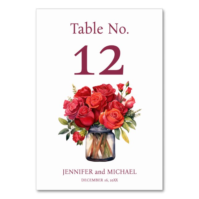 Röda Roser Vattenfärg Bröllops Bordnummer Bordsnummer (Framsidan)