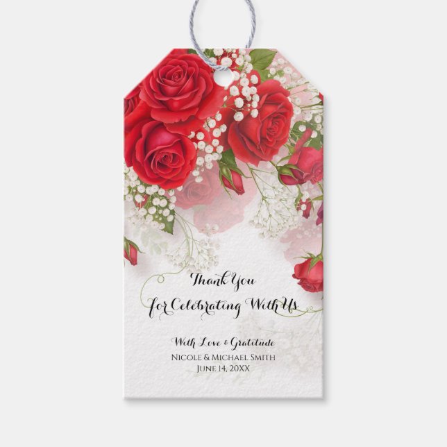Röda Rosor & Babysand Elegant Blommig Bröllop  Presentetikett (Framsidan)