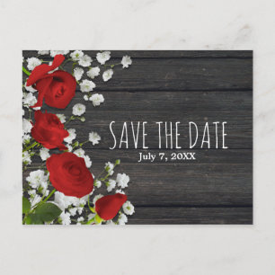 Röda rosor & babysand på trä Save The Date Meddelande Vykort