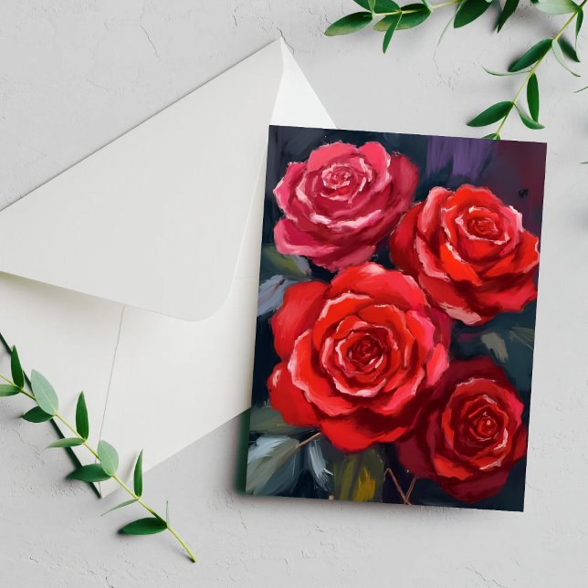 Röda Rosor Blommig Akvarell Målade Blommor Kort (Skapare uppladdad)
